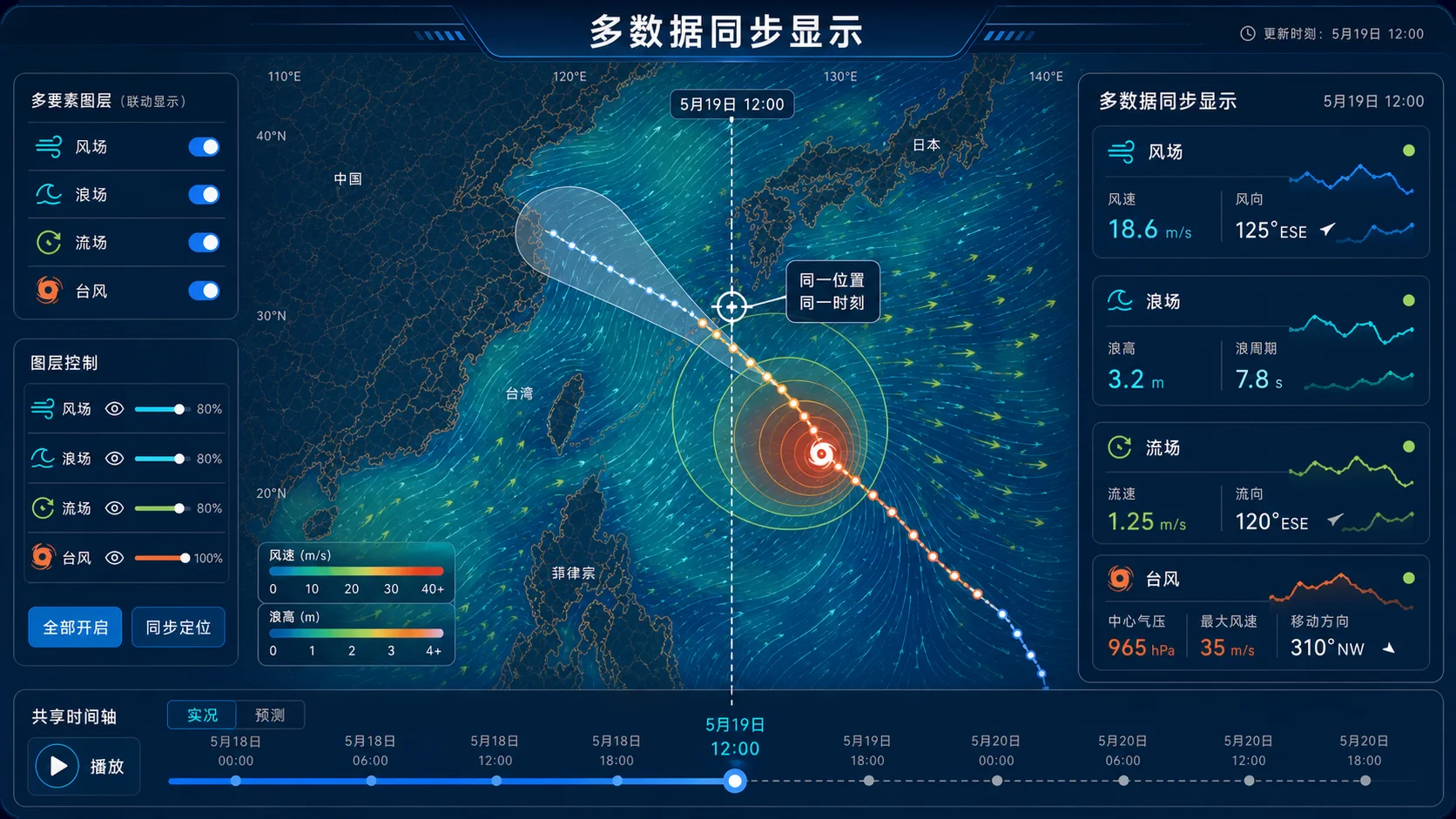 风场、浪场、流场和台风数据同步显示界面