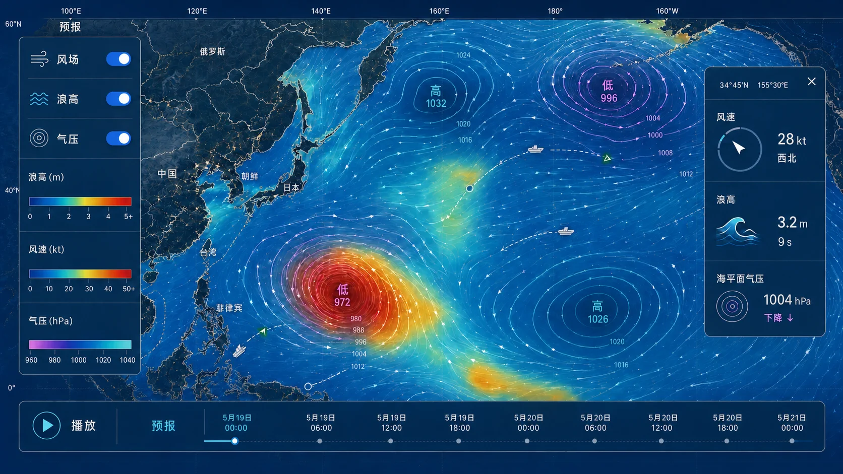 海洋风场、浪高、气压和高低压系统综合预报界面